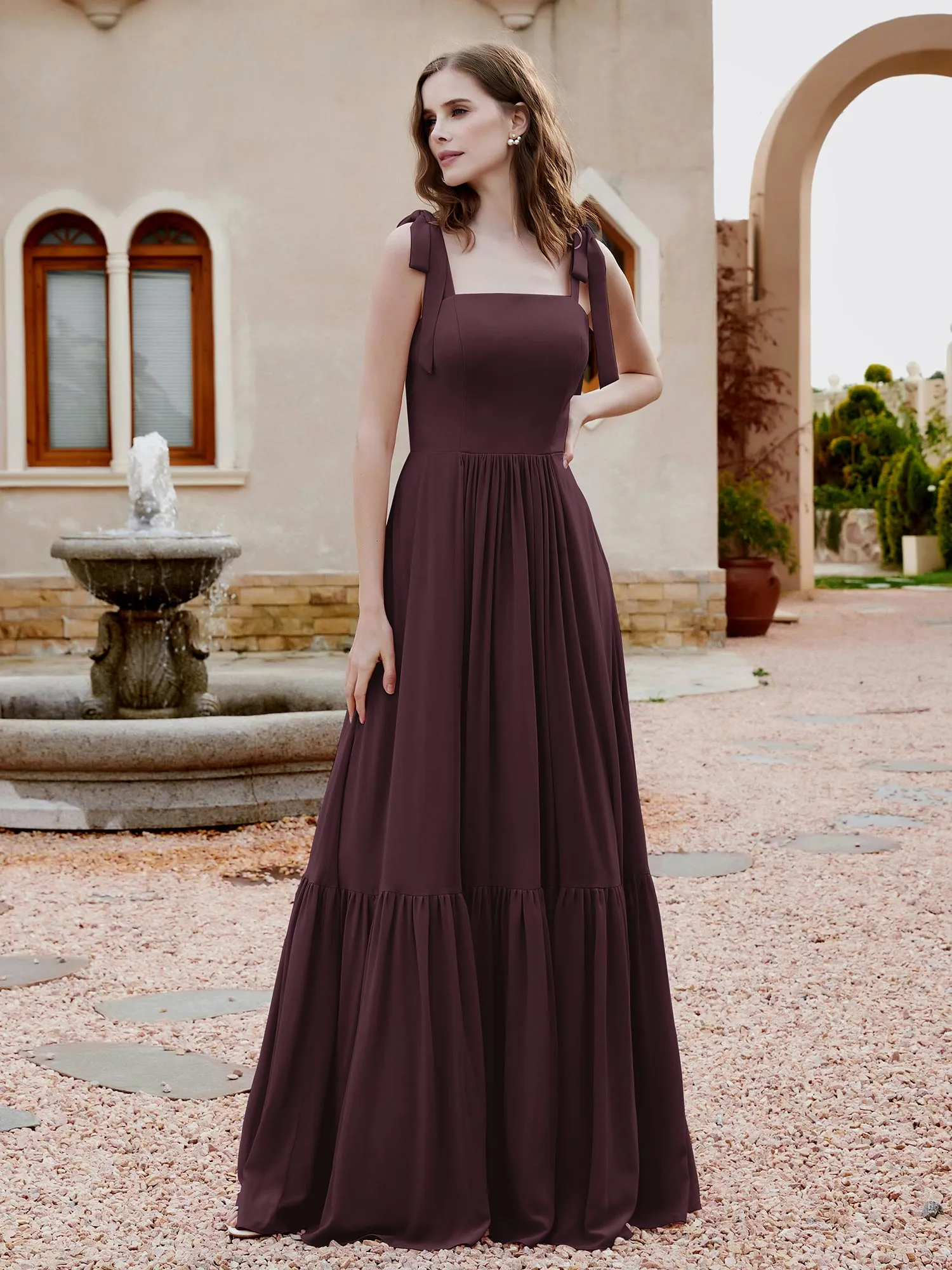 A-Line Bow Ruffle Sleeveless Chiffon Dress Cabernet