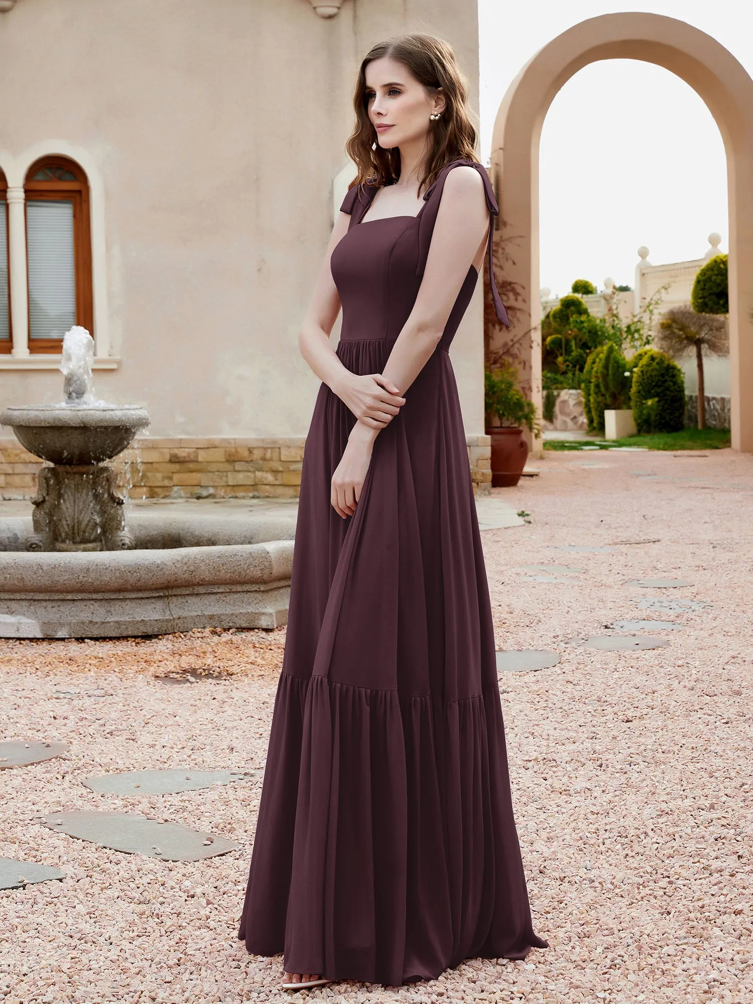 A-Line Bow Ruffle Sleeveless Chiffon Dress Cabernet