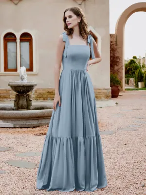 A-Line Bow Ruffle Sleeveless Chiffon Dress Dusty Blue Plus Size