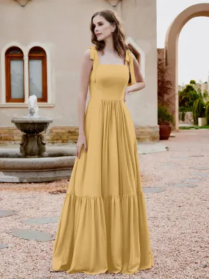 A-Line Bow Ruffle Sleeveless Chiffon Dress Gold