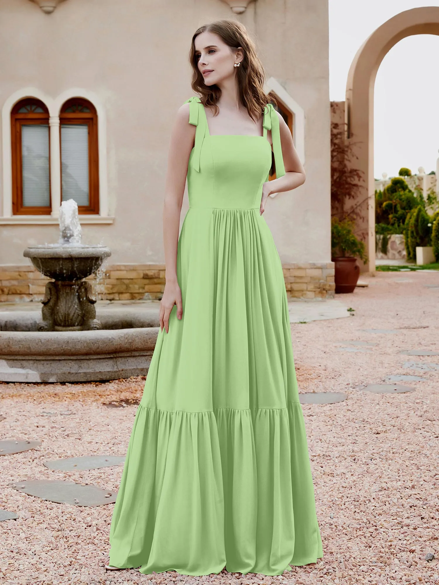 A-Line Bow Ruffle Sleeveless Chiffon Dress Sage Plus Size