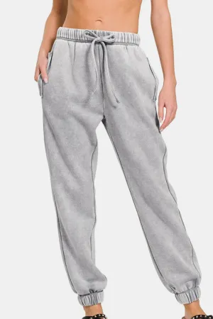 Acid Wash Fleece Drawstring Sweatpants with Pockets