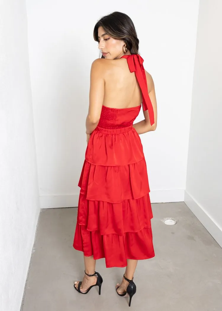 Adelyn Rae Eleanor Halter Tiered Midi Dress- Crimson Red