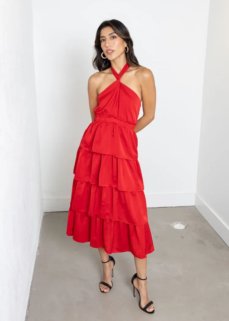 Adelyn Rae Eleanor Halter Tiered Midi Dress- Crimson Red