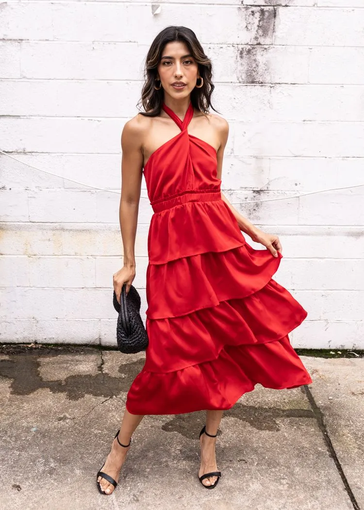 Adelyn Rae Eleanor Halter Tiered Midi Dress- Crimson Red