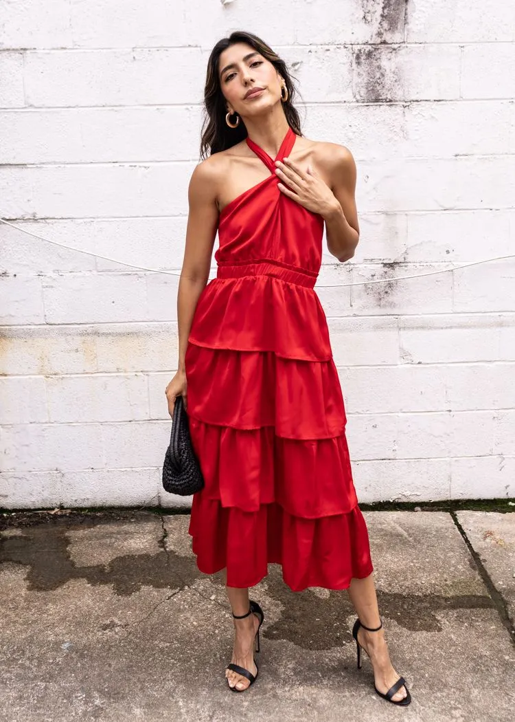 Adelyn Rae Eleanor Halter Tiered Midi Dress- Crimson Red