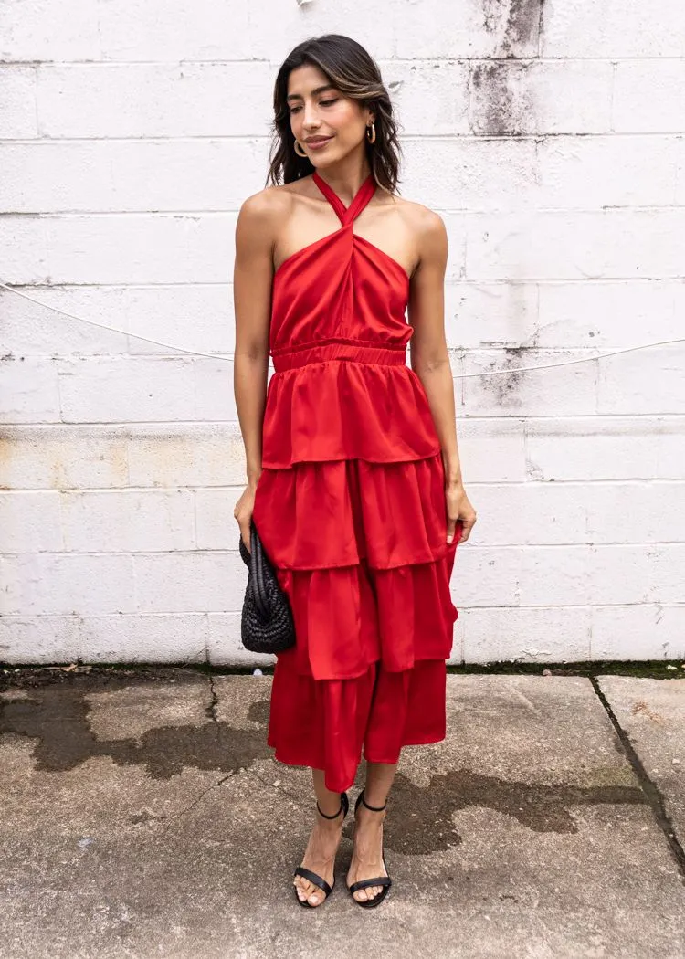 Adelyn Rae Eleanor Halter Tiered Midi Dress- Crimson Red