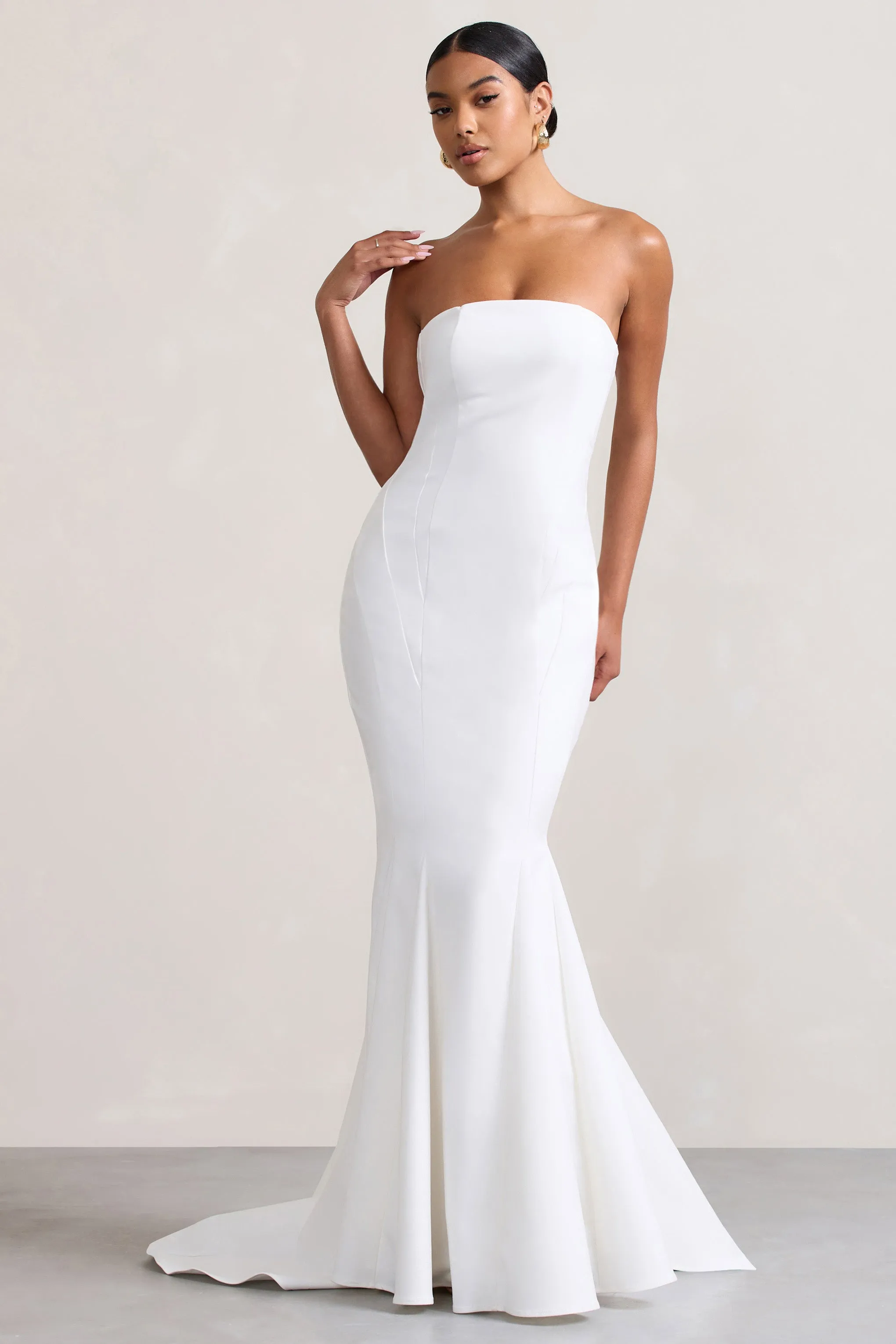 Adored | White Strapless Structured Fishtail Maxi Dress