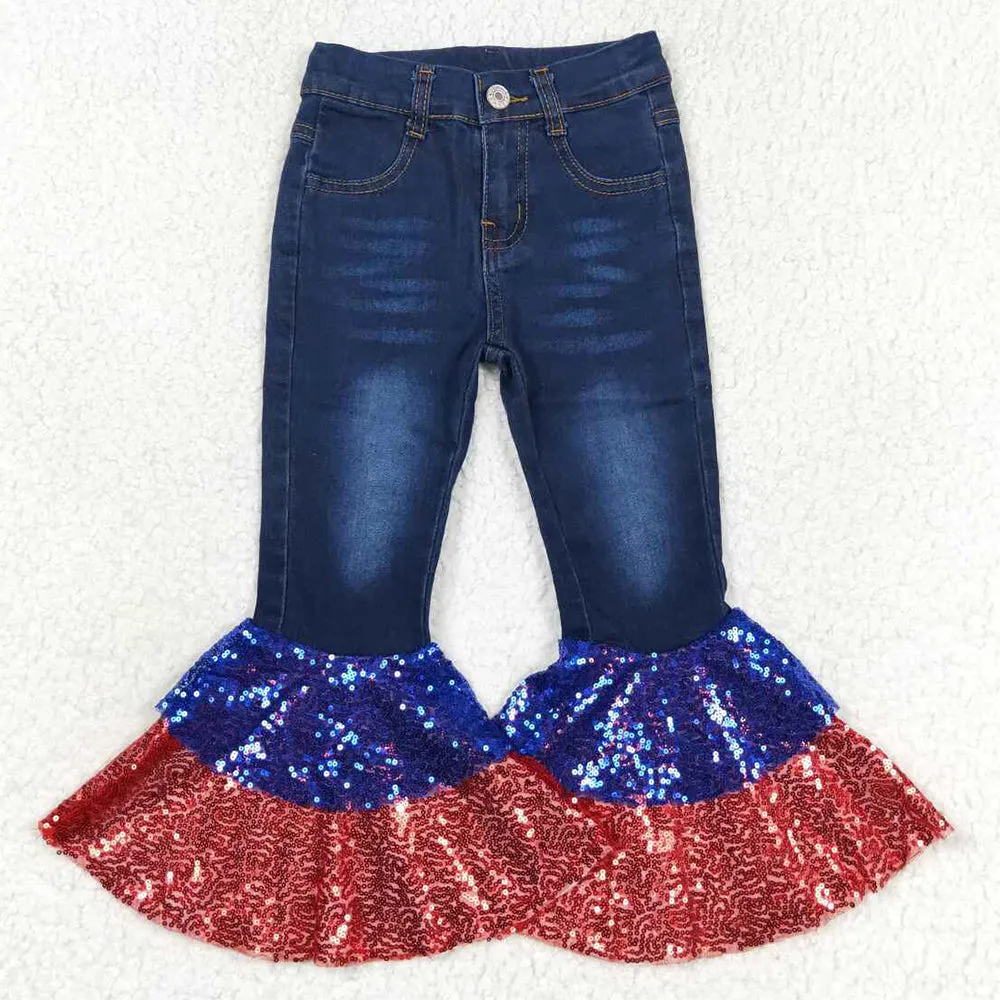 Baby Girls Jeans 4th Of July Denim Sequin Bell Bottom Pants Jeans P0430