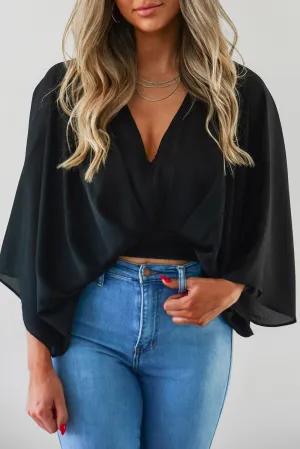 BerryBetty - Black V Neck Flared Sleeves Crop Top