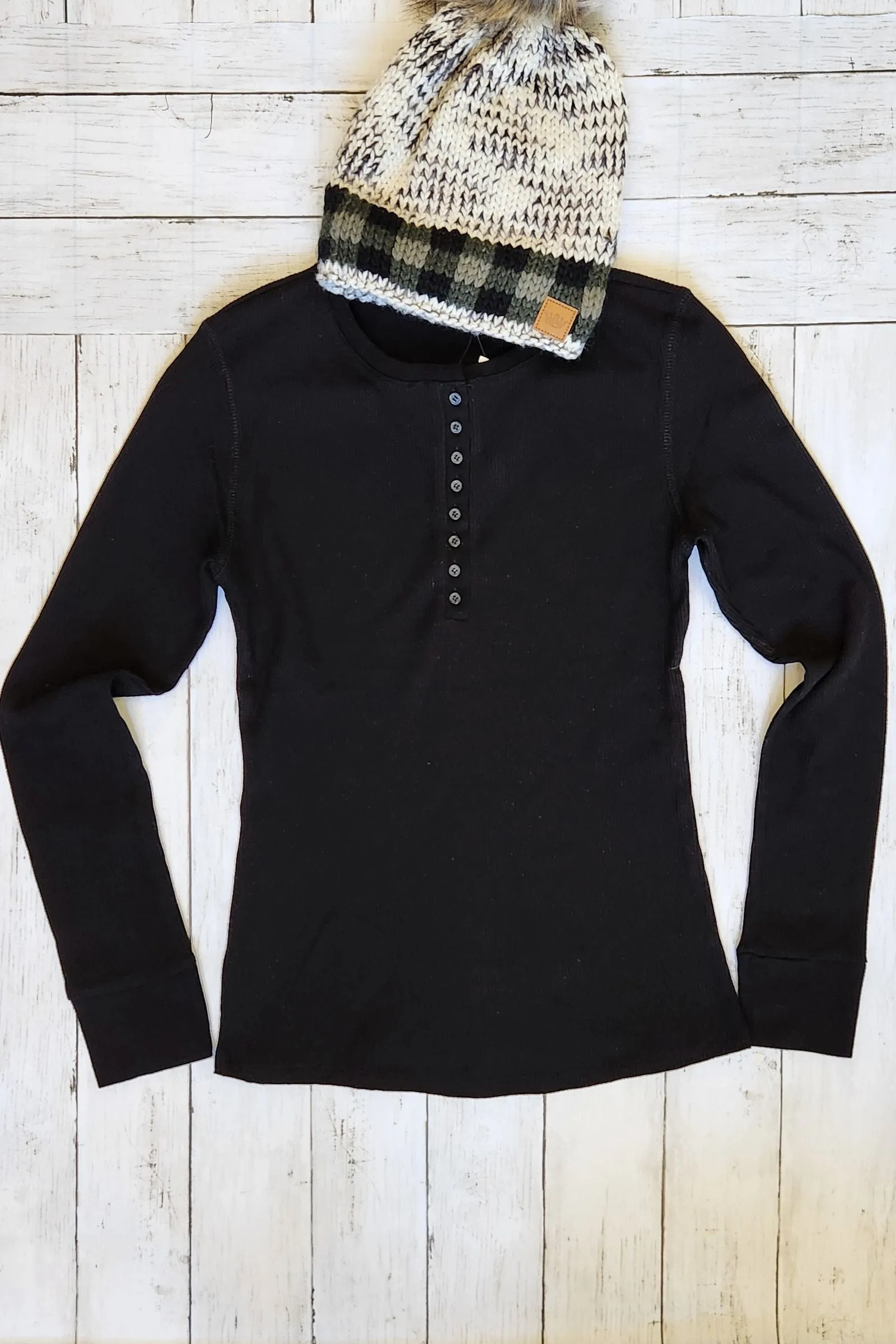 Black Long Sleeve Thermal Henley Top