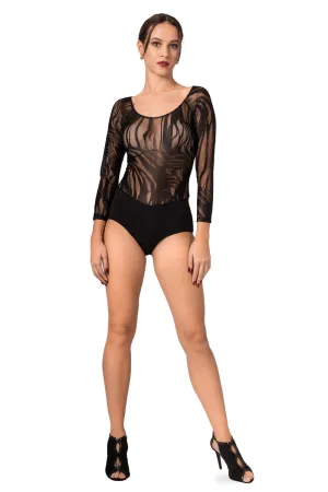 Black Tulle Bodysuit With Long Sleeves