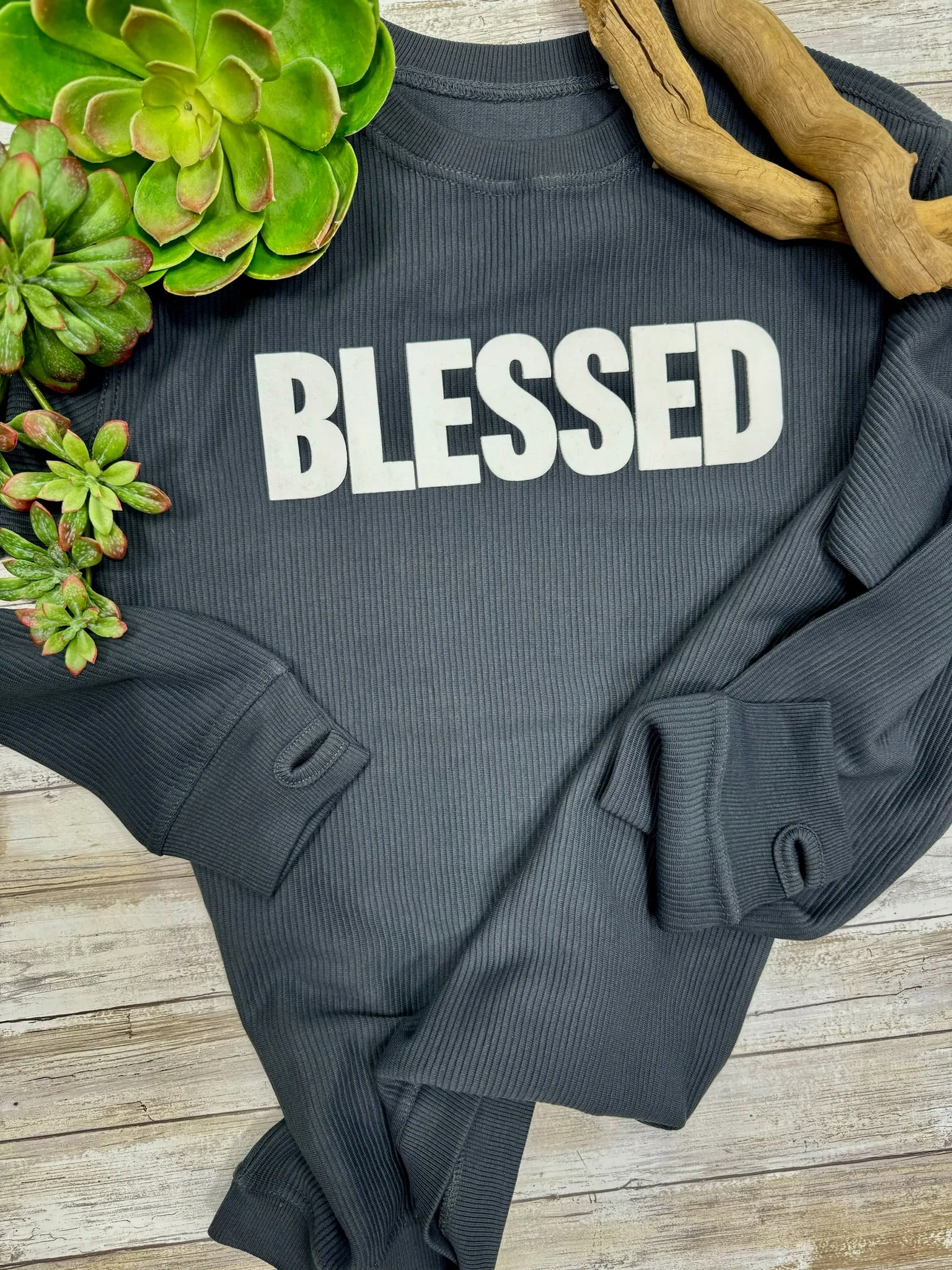 Blessed Grey Corded Pullover by Texas True Threads