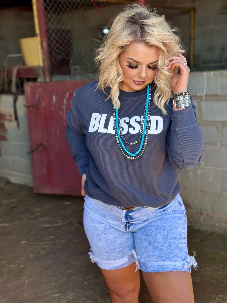 Blessed Grey Corded Pullover by Texas True Threads