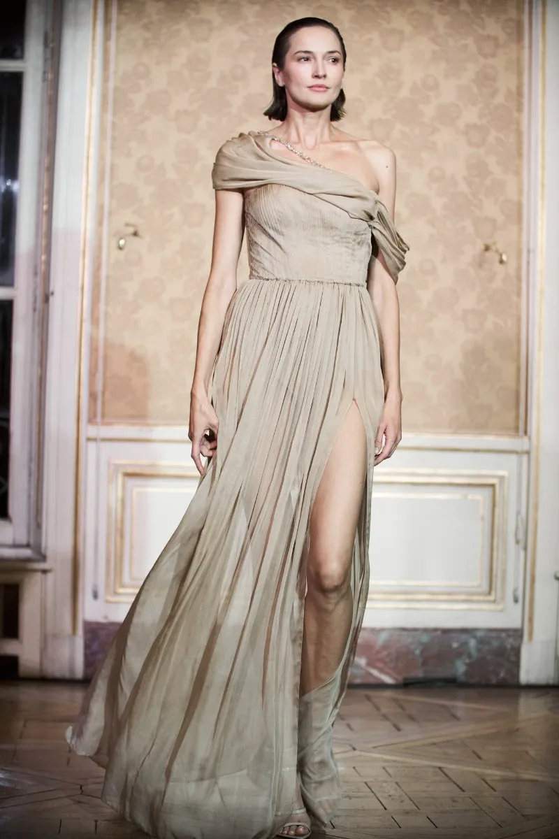 BROWN NUDE CHIFFON WITH HAND- PLEATED MAXI DRESS