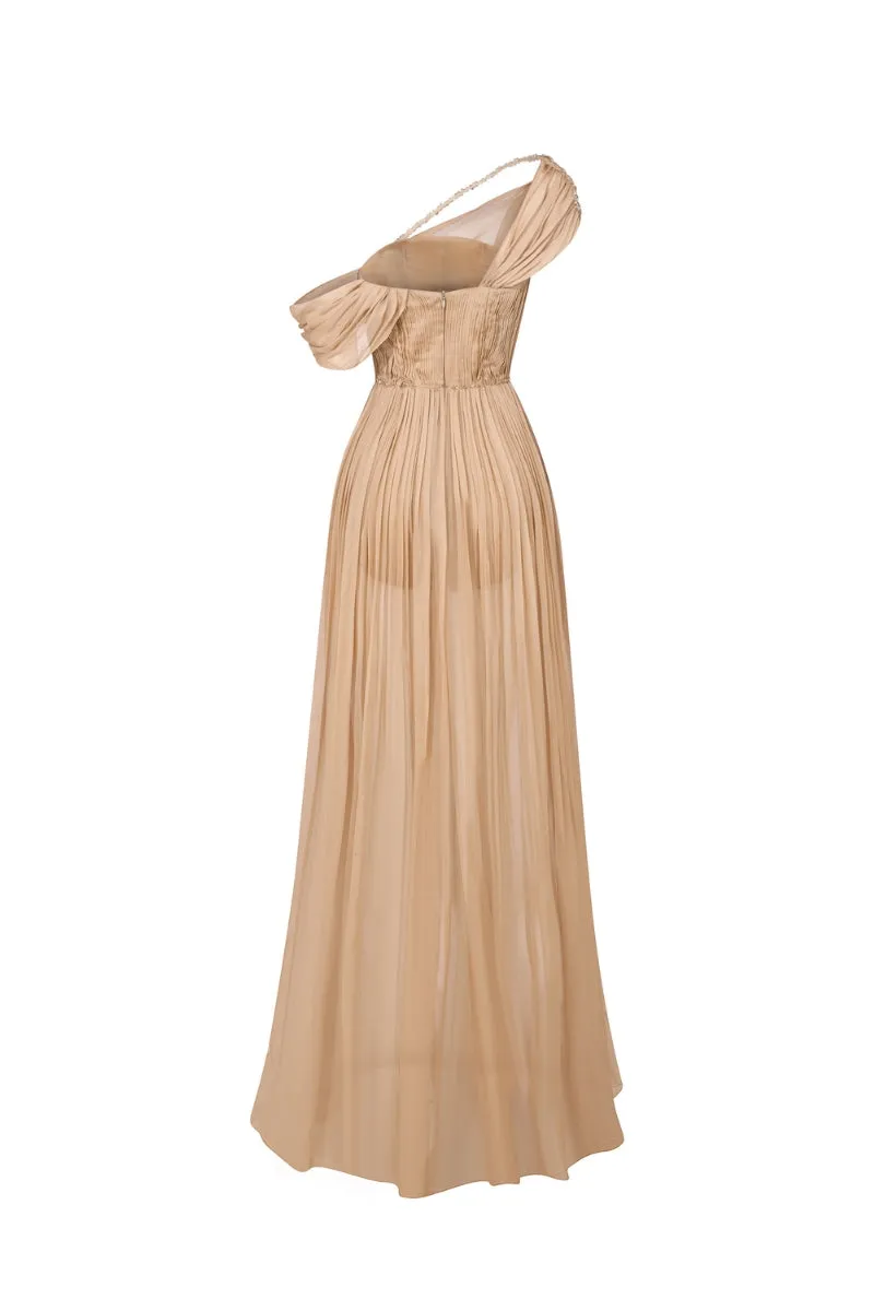 BROWN NUDE CHIFFON WITH HAND- PLEATED MAXI DRESS