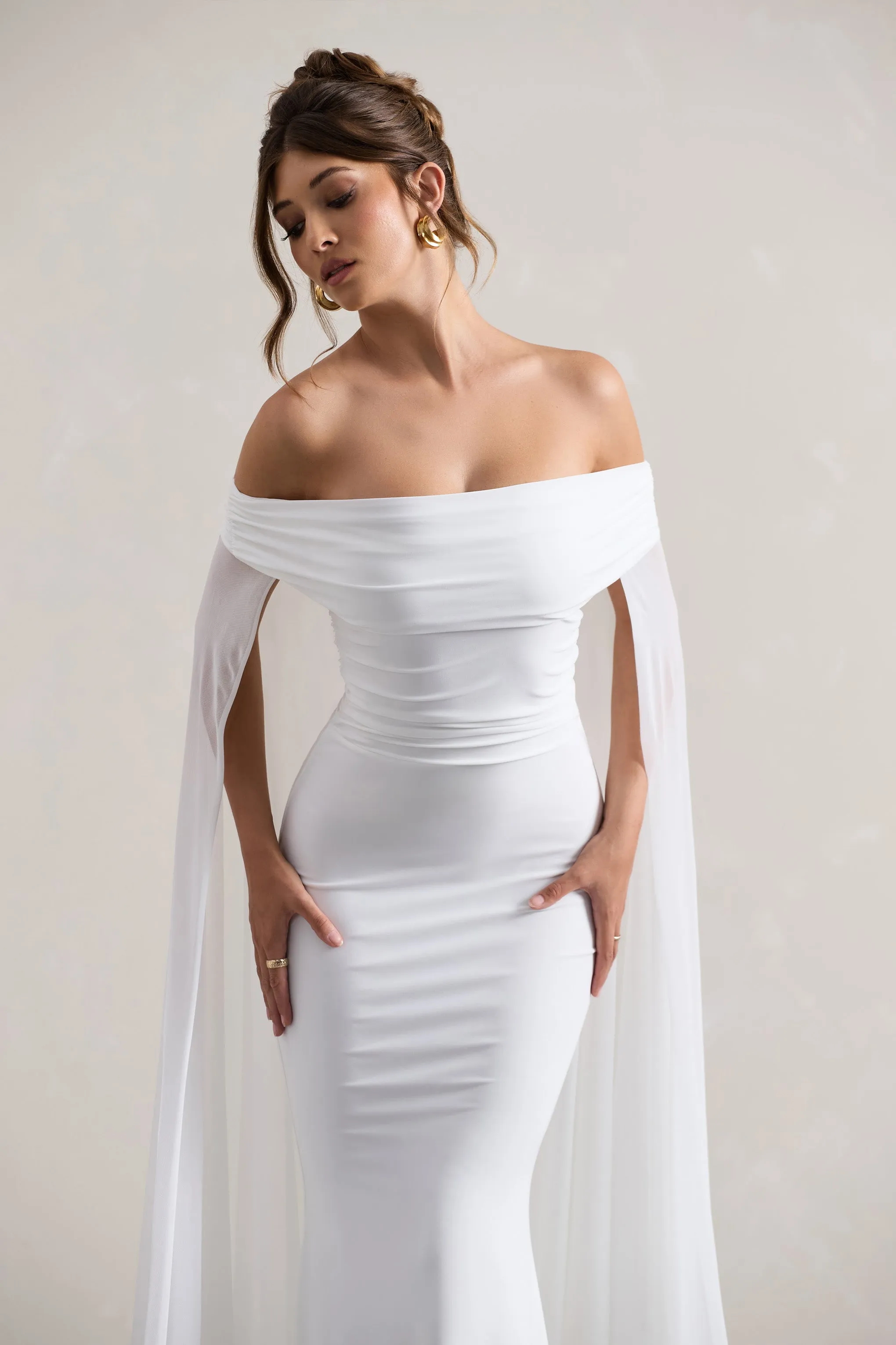 Carlotta | White Bardot Maxi Dress With Chiffon Cape