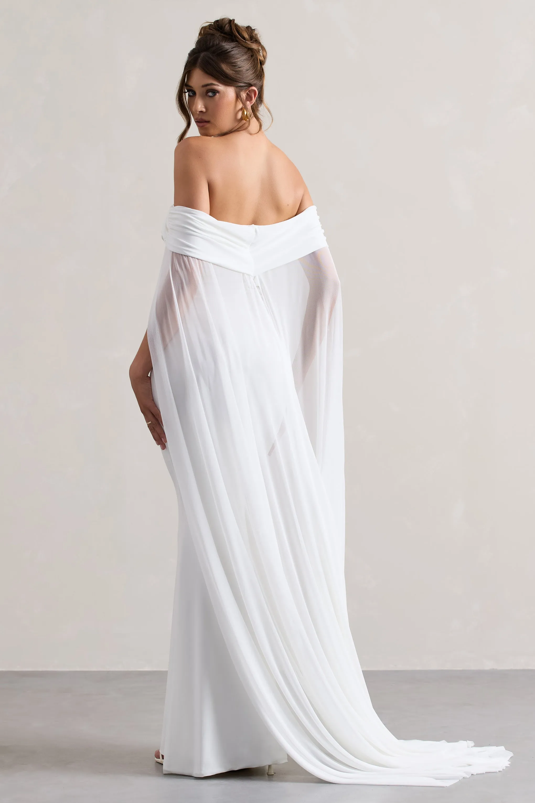 Carlotta | White Bardot Maxi Dress With Chiffon Cape