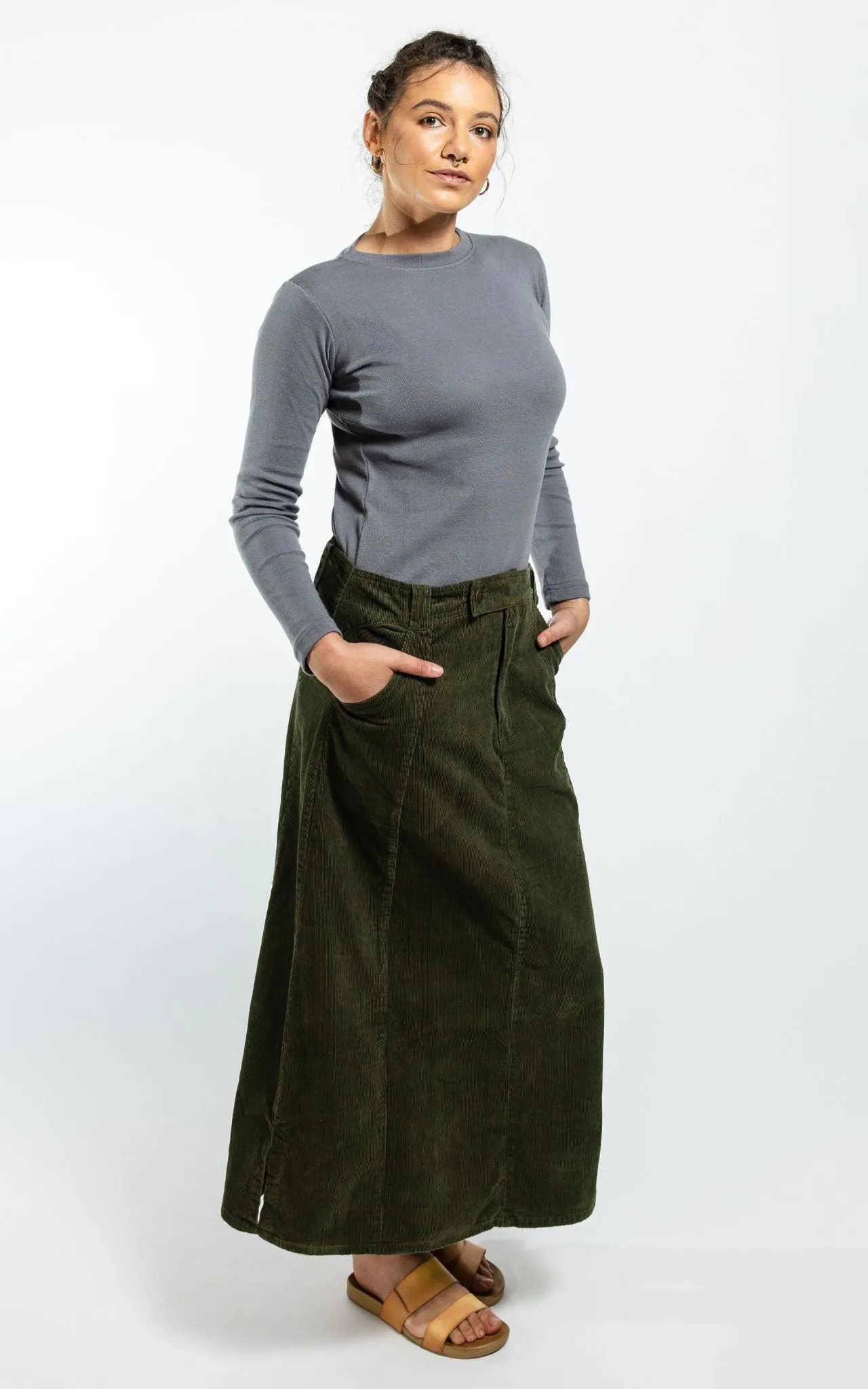 Corduroy Maxi Skirt - Khaki