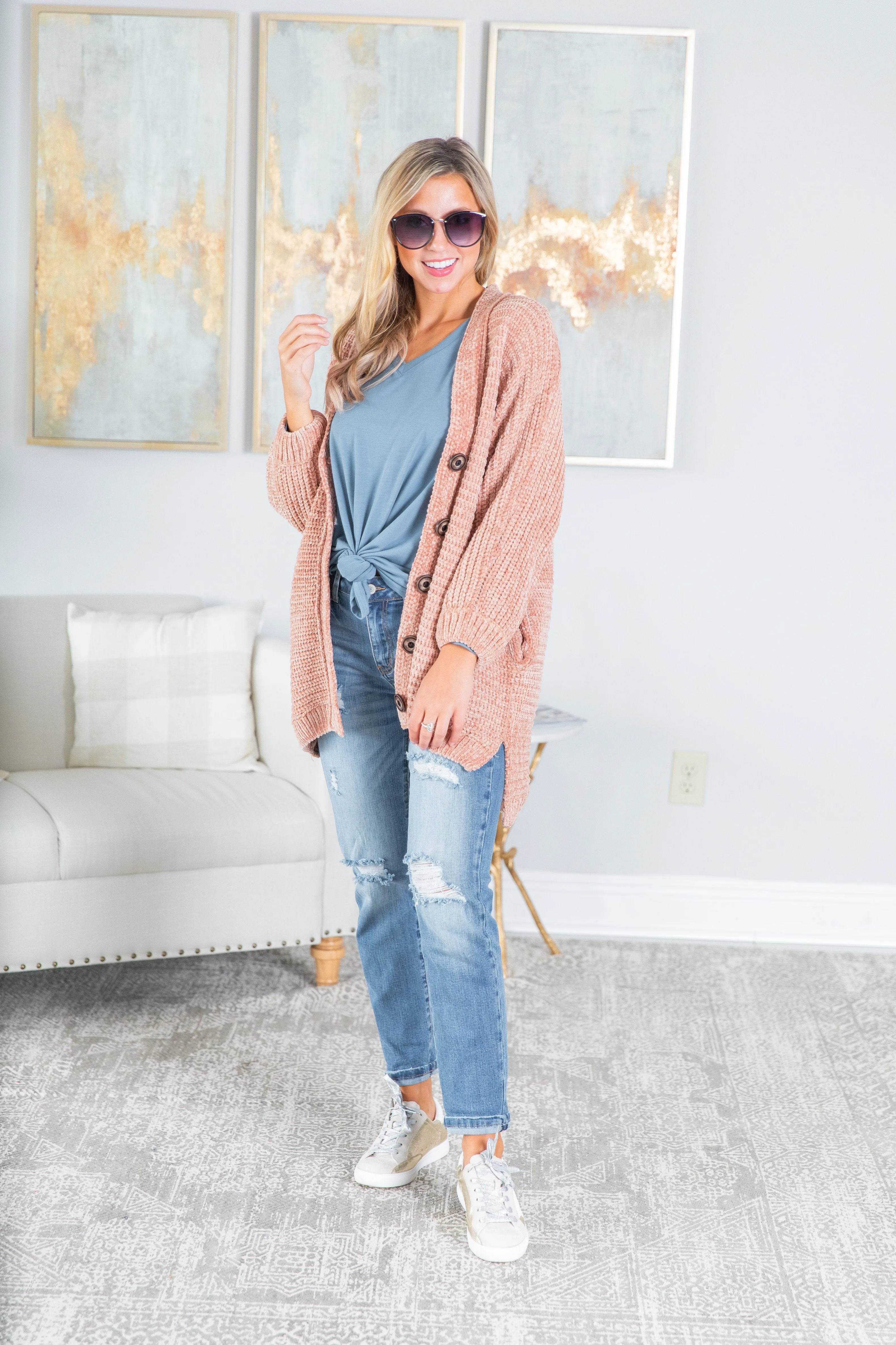 Created Comfort Blush Pink Chenille Cardigan