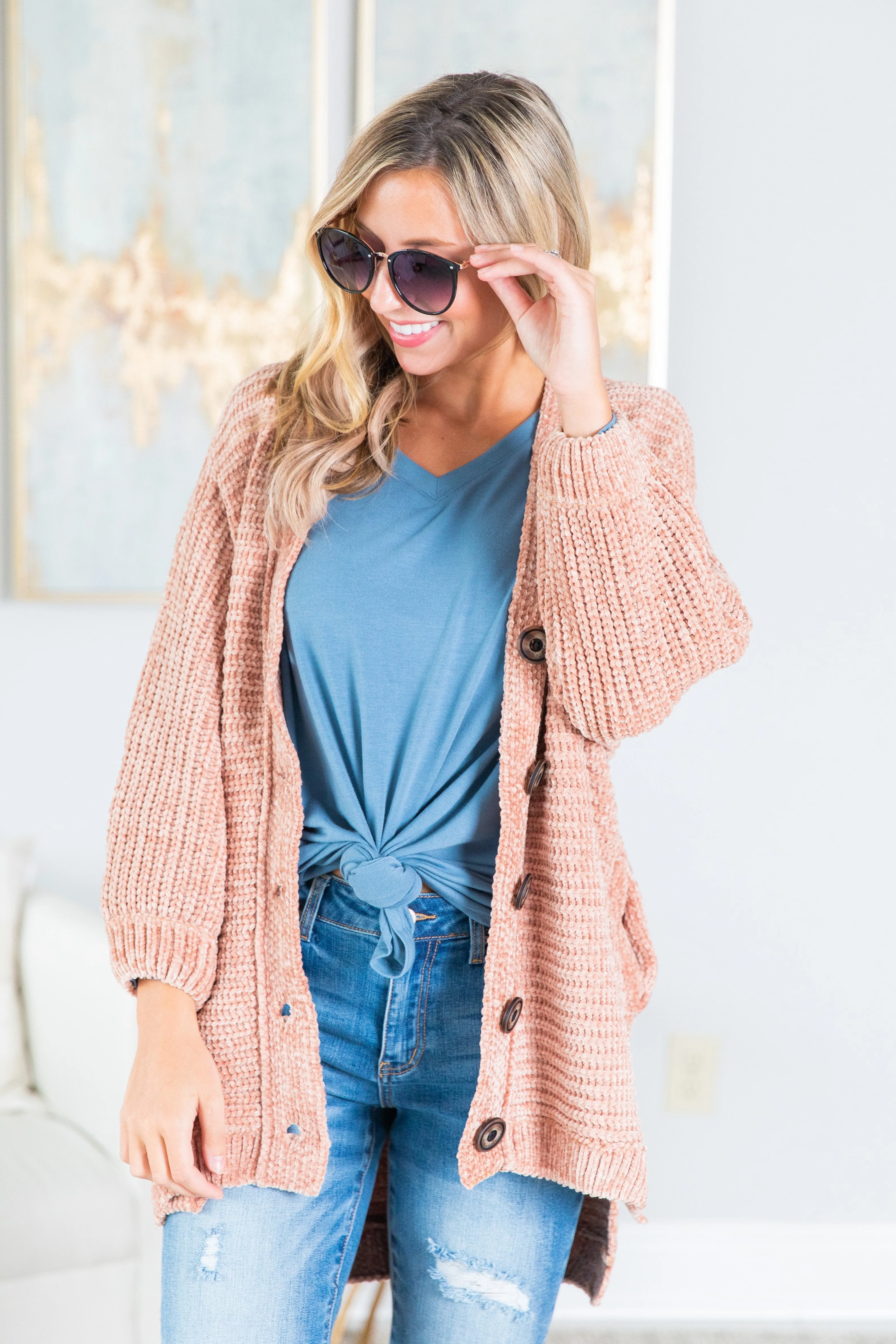 Created Comfort Blush Pink Chenille Cardigan