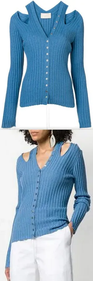 Cut-Out Ribbed Cardigan, Blue