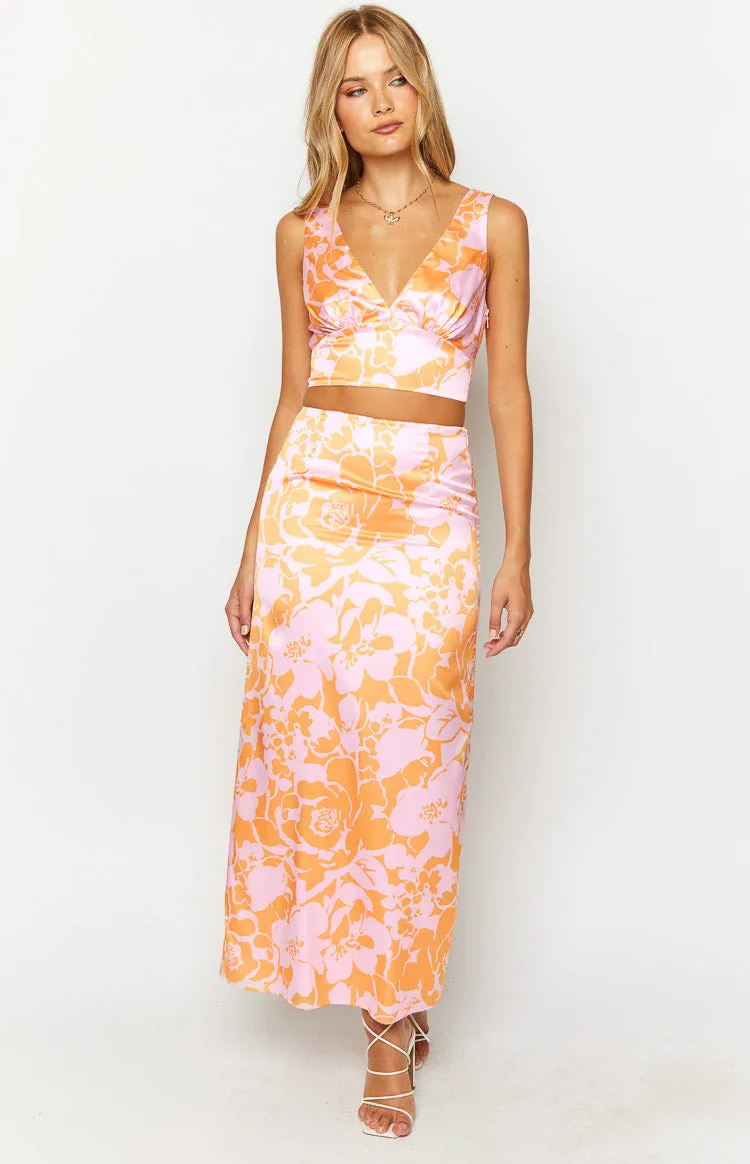 Dahlia Orange And Pink Floral Print Maxi Skirt