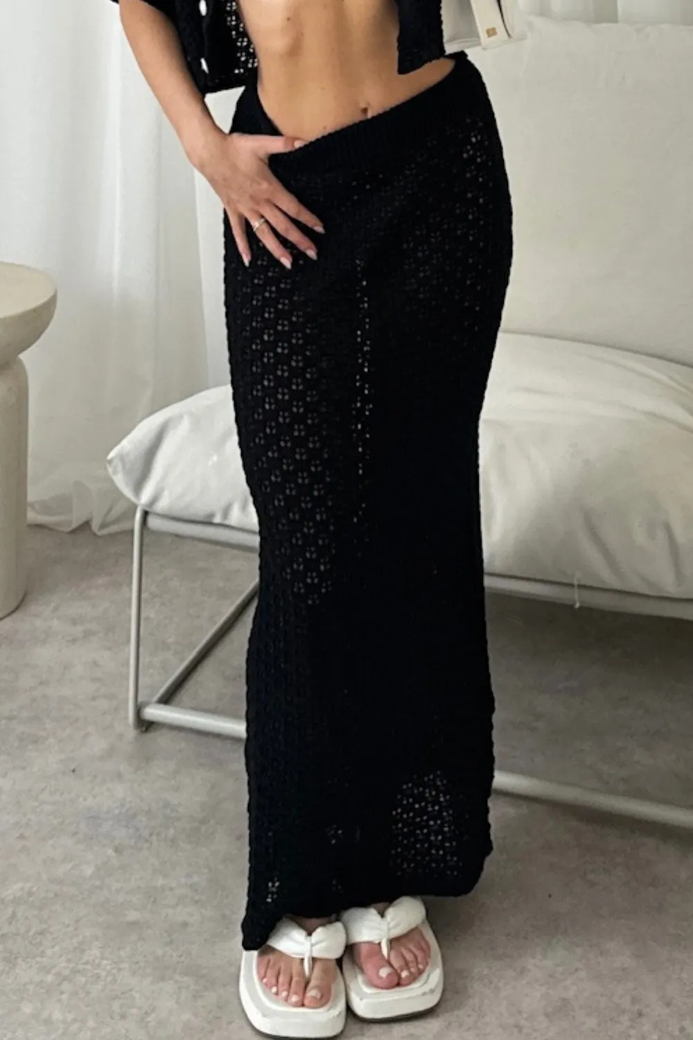 Dalila black crochet knit maxi skirt