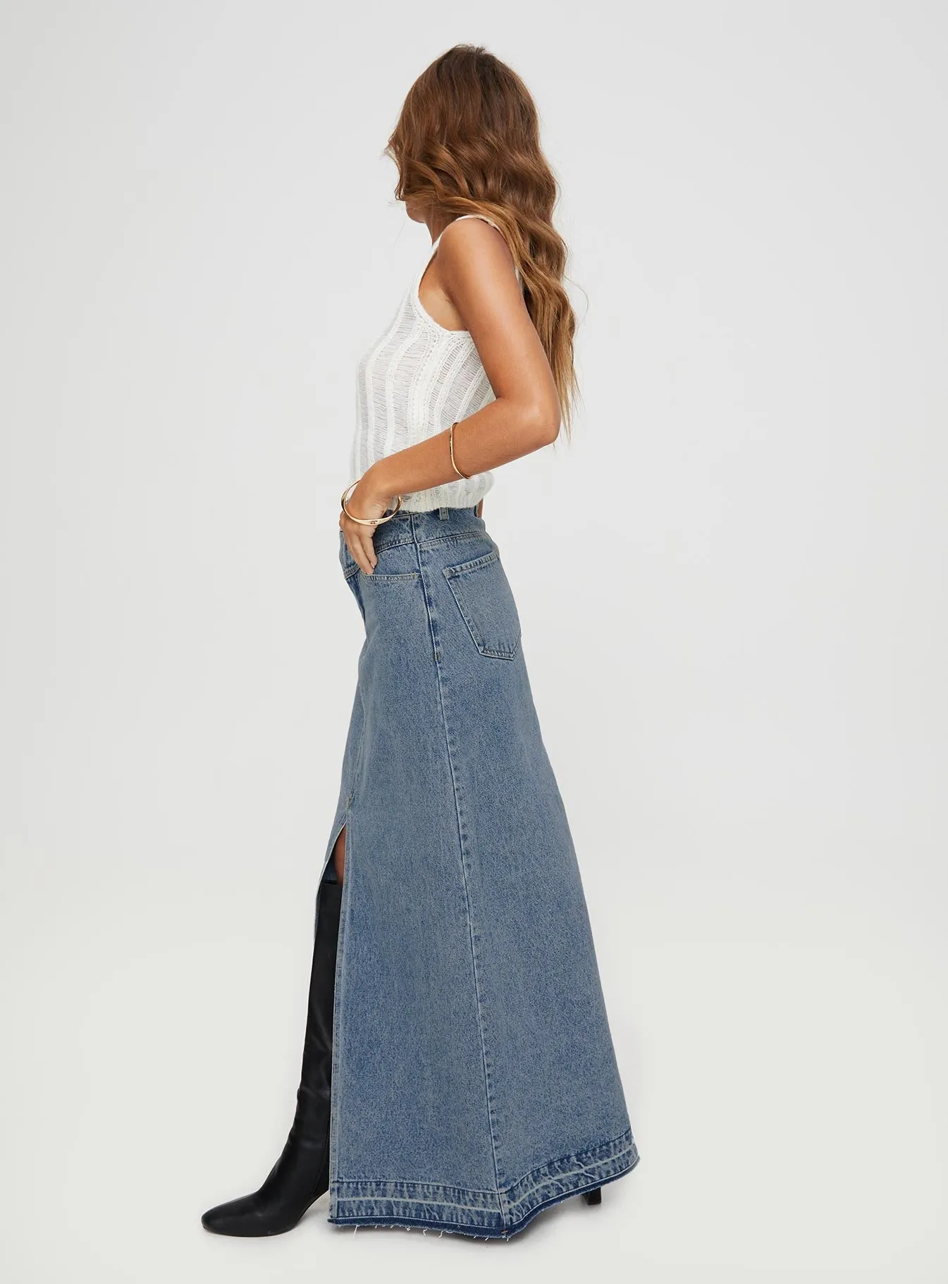 Deneuve Denim Maxi Skirt Mid Wash