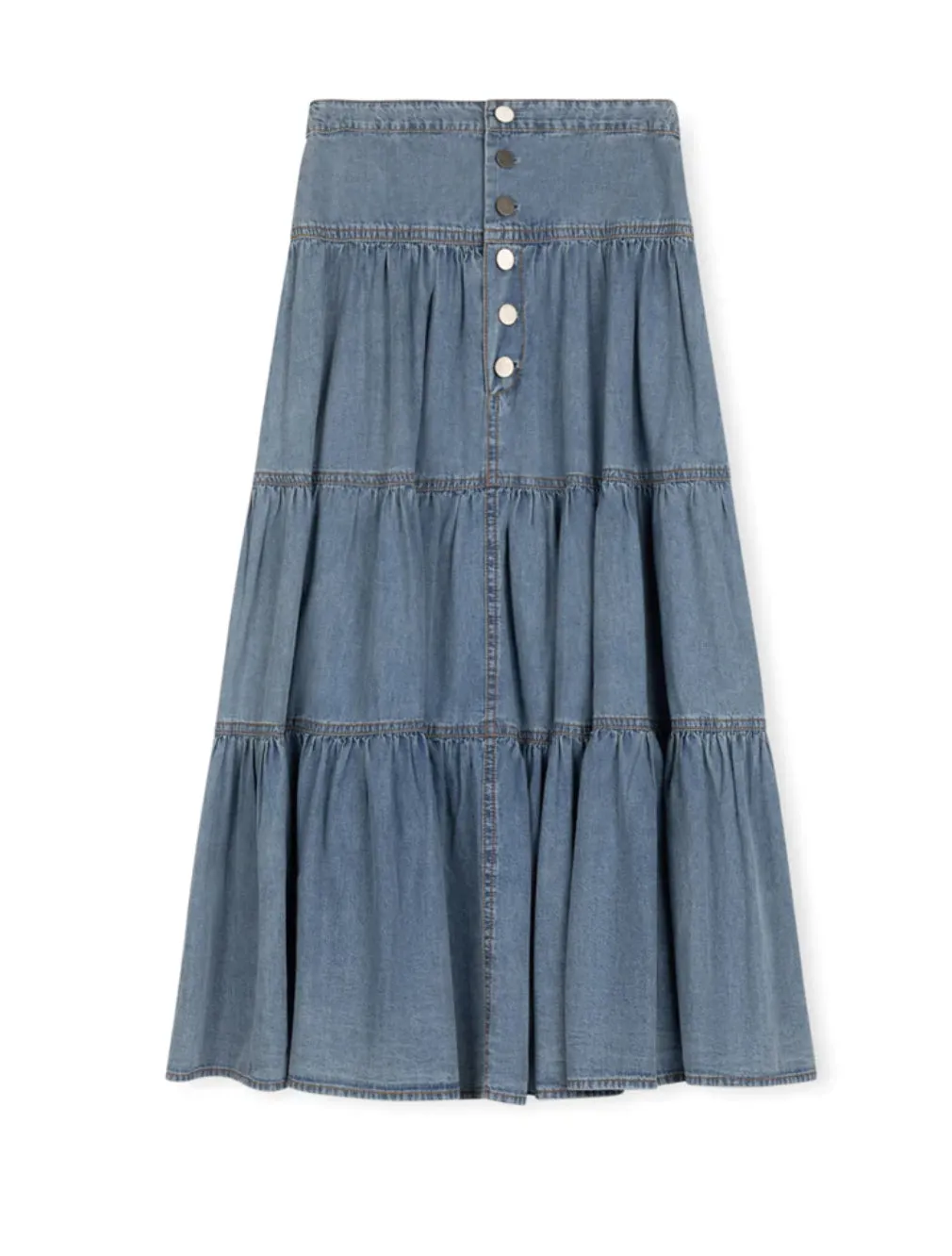 DENIM TIERED BUTTON FRONT MAXI SKIRT