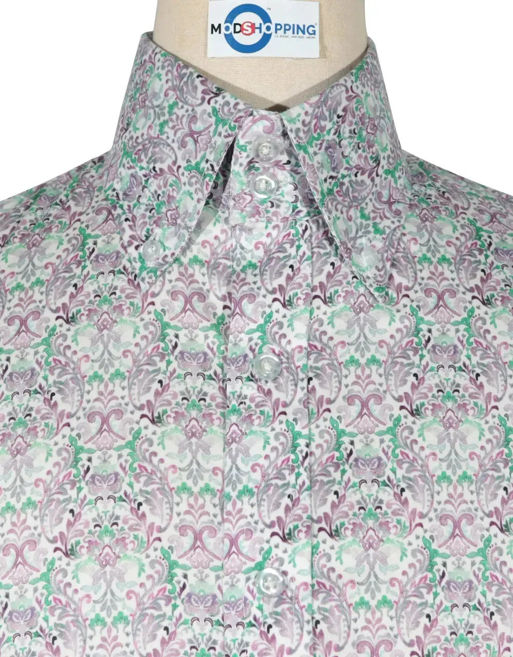 Double Collar Shirt - 60s  Style Green and Purple Floral Shirt