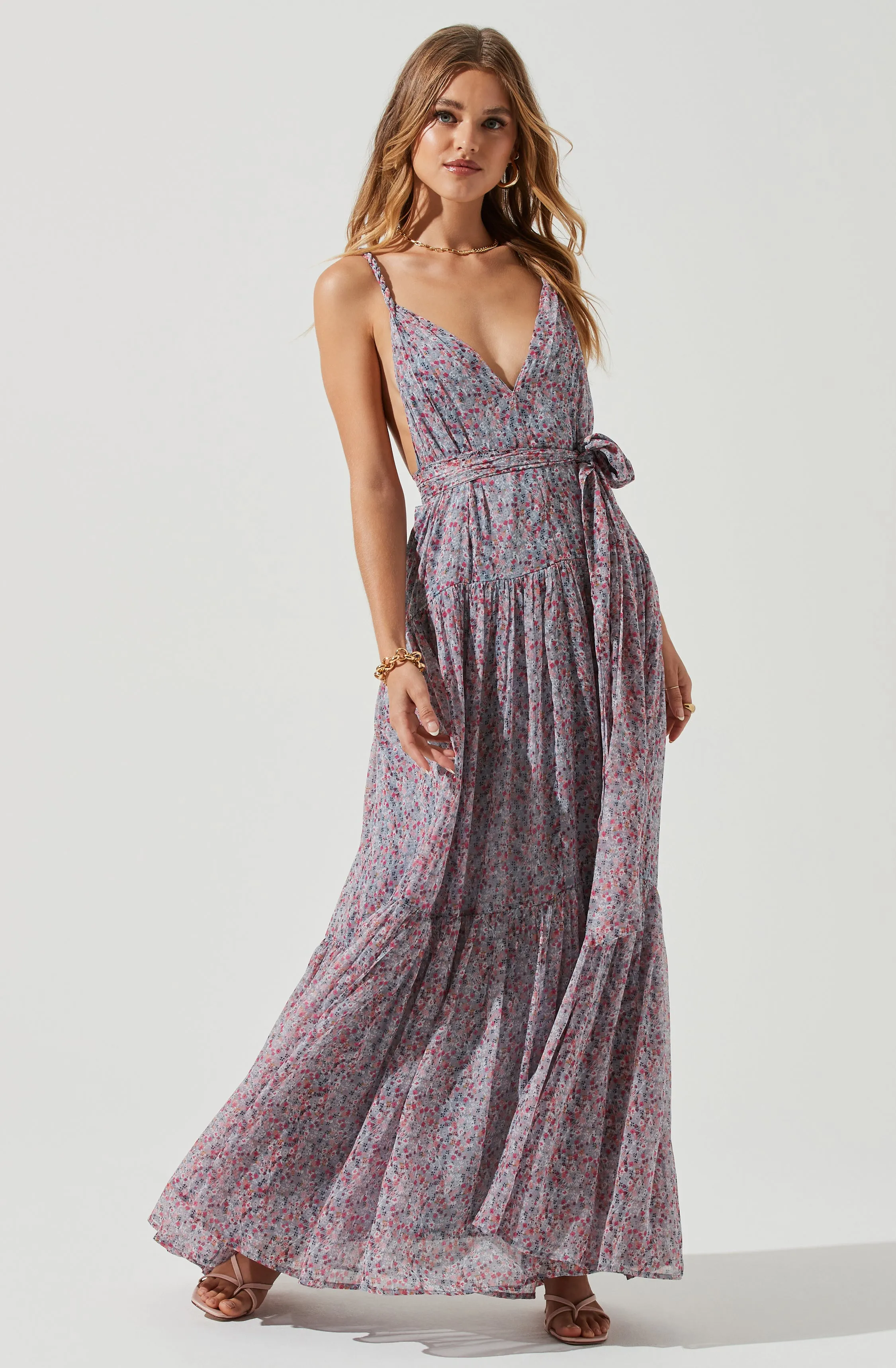 Eartha Floral Plunge Tie Waist Maxi Dress