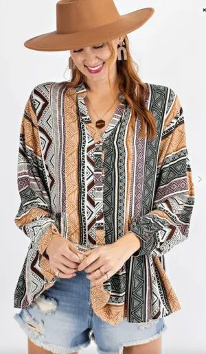 Easel Tribal Print Long Sleeve Top