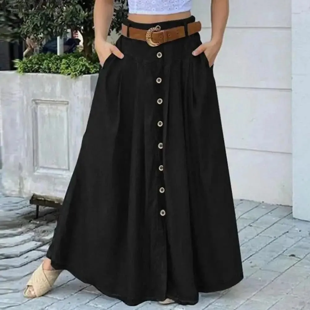 Elegant A-Line Maxi Skirt with High Waist and Button Detail