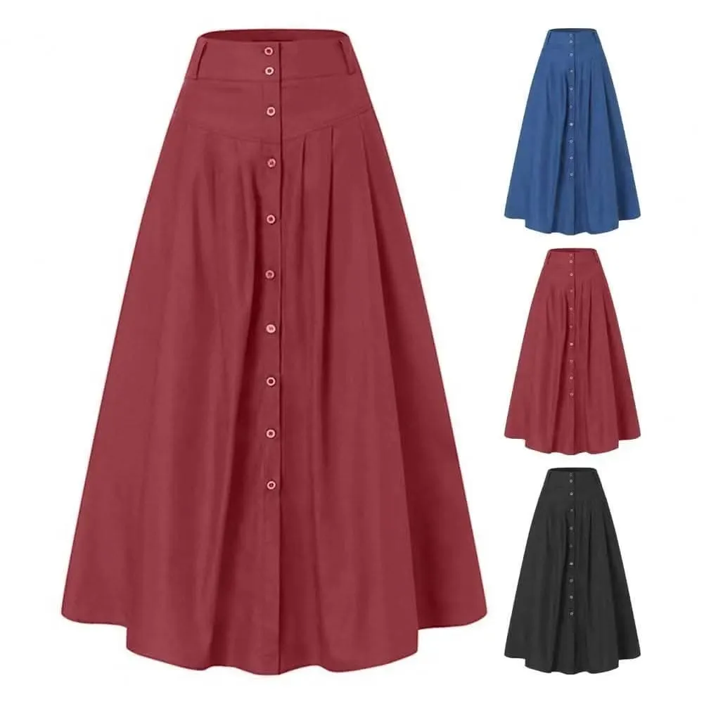 Elegant A-Line Maxi Skirt with High Waist and Button Detail