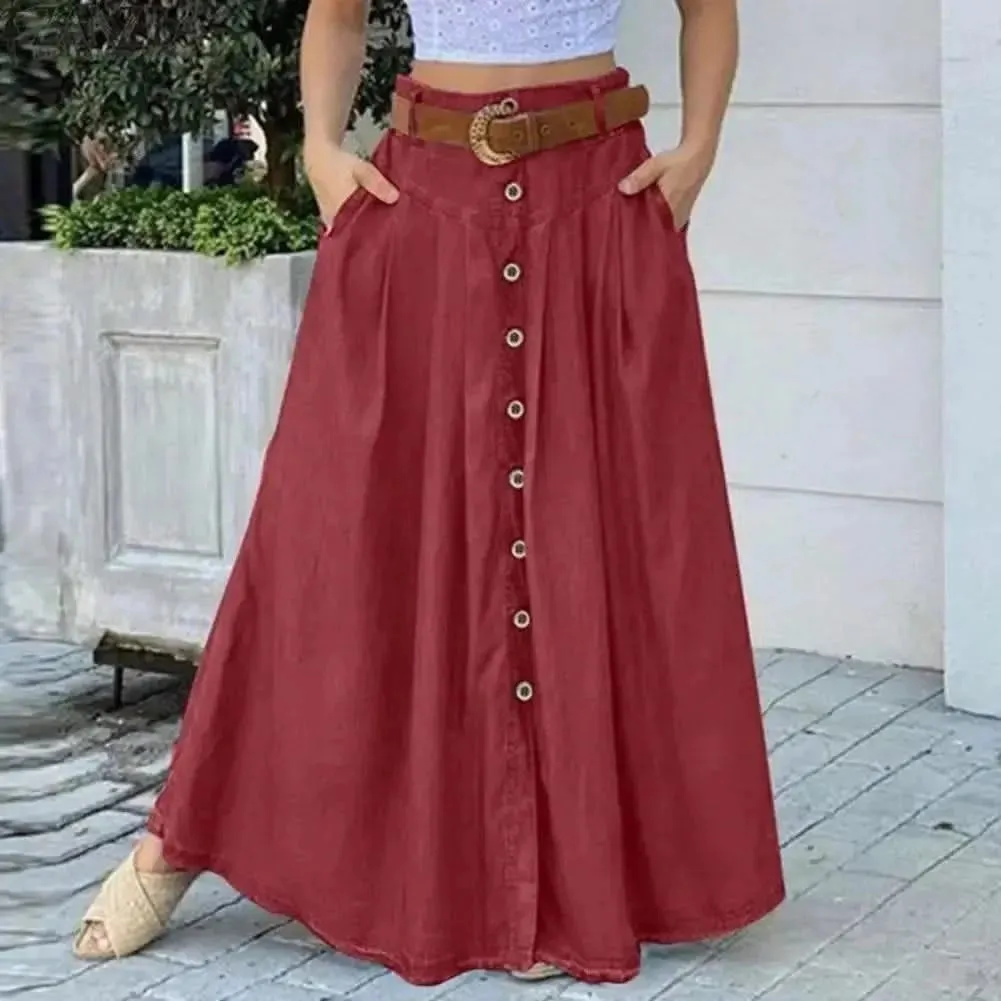 Elegant A-Line Maxi Skirt with High Waist and Button Detail