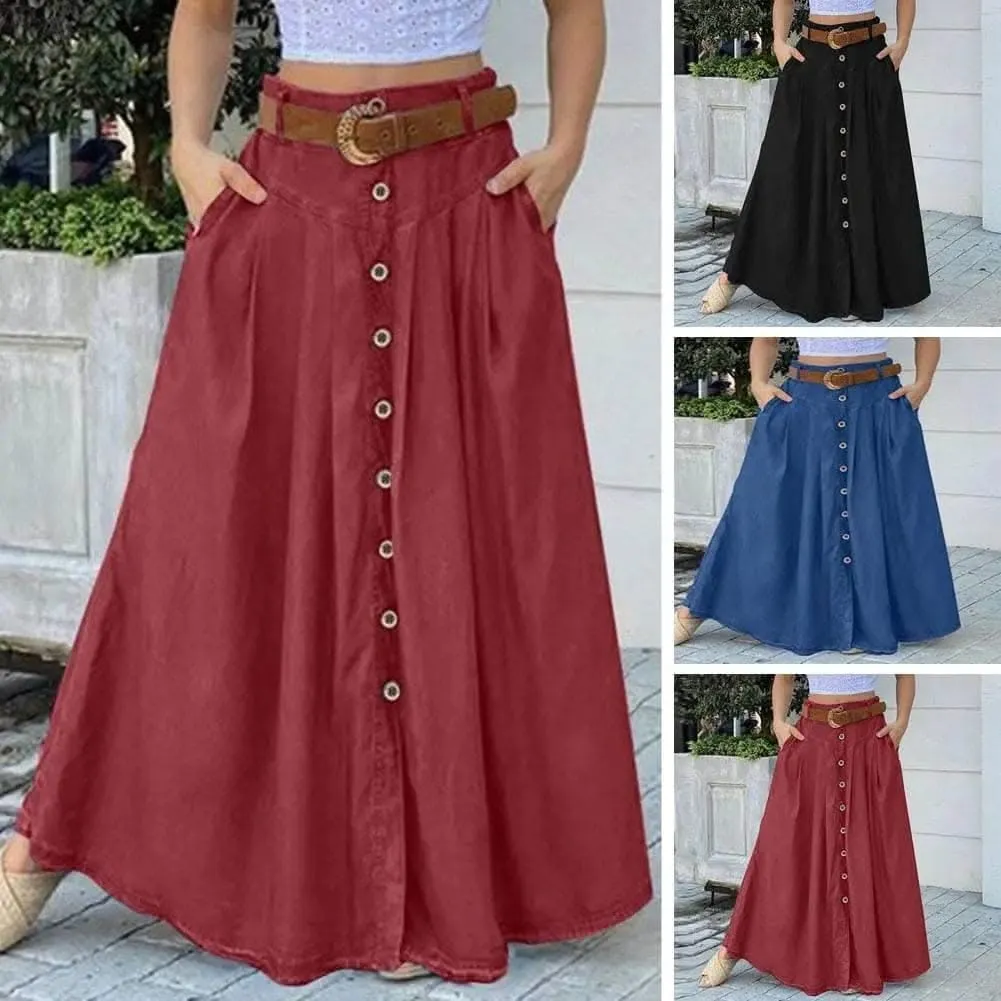 Elegant A-Line Maxi Skirt with High Waist and Button Detail