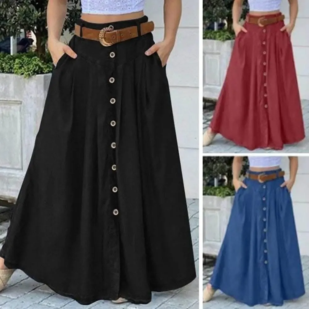 Elegant A-Line Maxi Skirt with High Waist and Button Detail