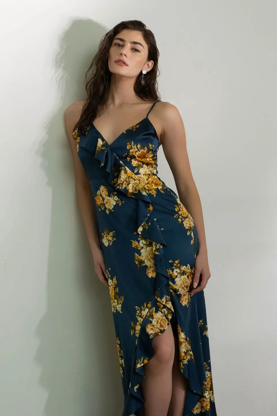 FLORAL SLEEVELESS RUFFLE WRAP MAXI DRESS