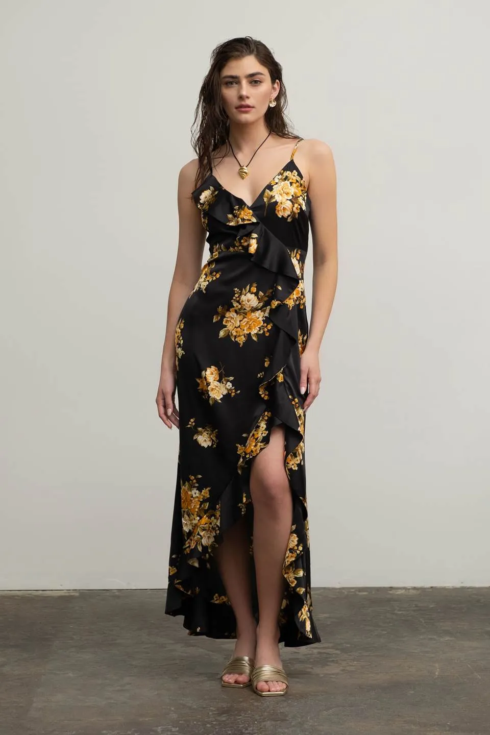 FLORAL SLEEVELESS RUFFLE WRAP MAXI DRESS