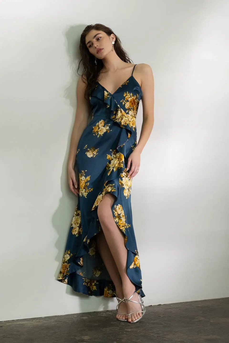 FLORAL SLEEVELESS RUFFLE WRAP MAXI DRESS