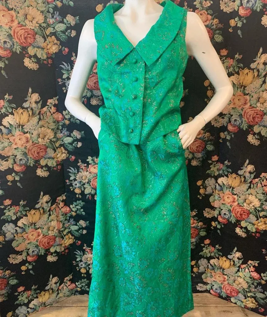 Frank Usher emerald green metallic brocade set