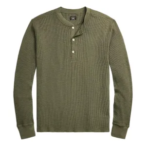 Garment-Dyed Waffle-Knit Henley Shirt Olive