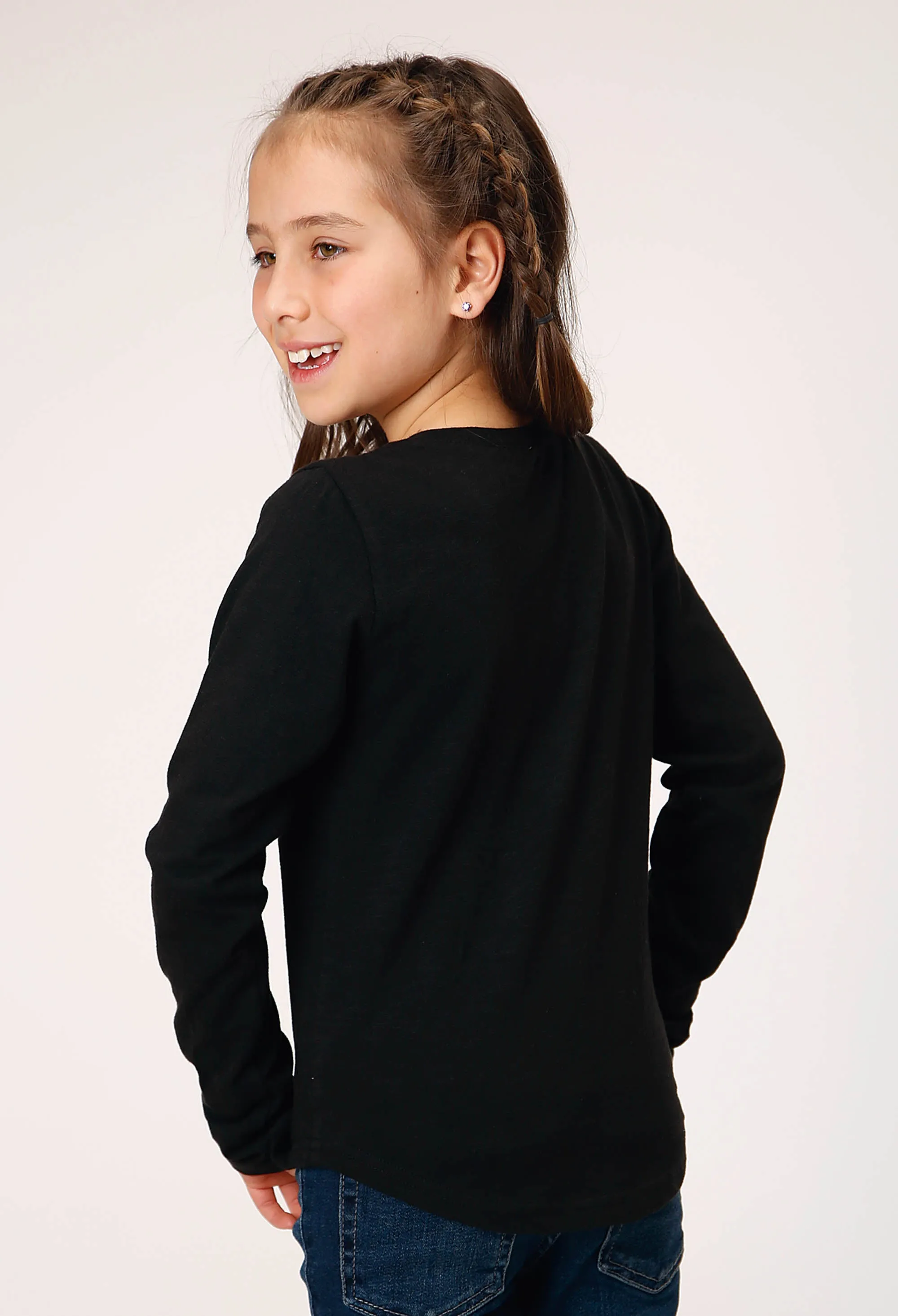 GIRLS LONG SLEEVE SLUB TEE BLACK COTTON WITH SCOOP NECK SCREEN PRINT DECORATION