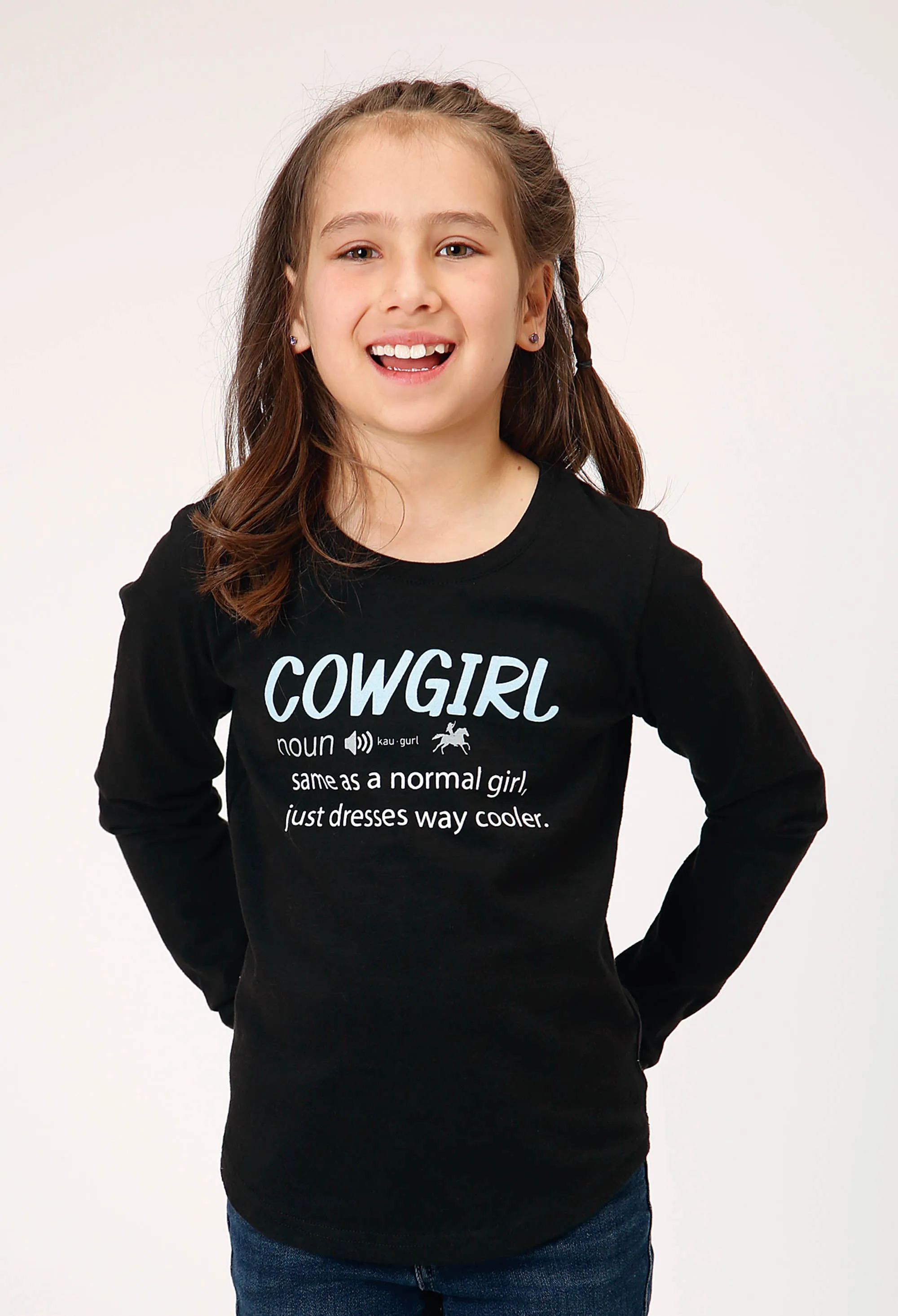 GIRLS LONG SLEEVE SLUB TEE BLACK COTTON WITH SCOOP NECK SCREEN PRINT DECORATION