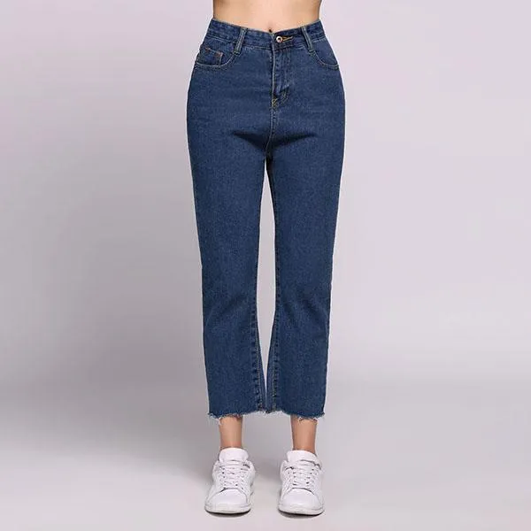 Jeans High Waist Slim Burrs Tassel Hem Straight Denim Solid