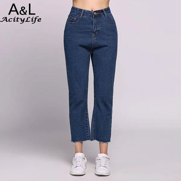 Jeans High Waist Slim Burrs Tassel Hem Straight Denim Solid