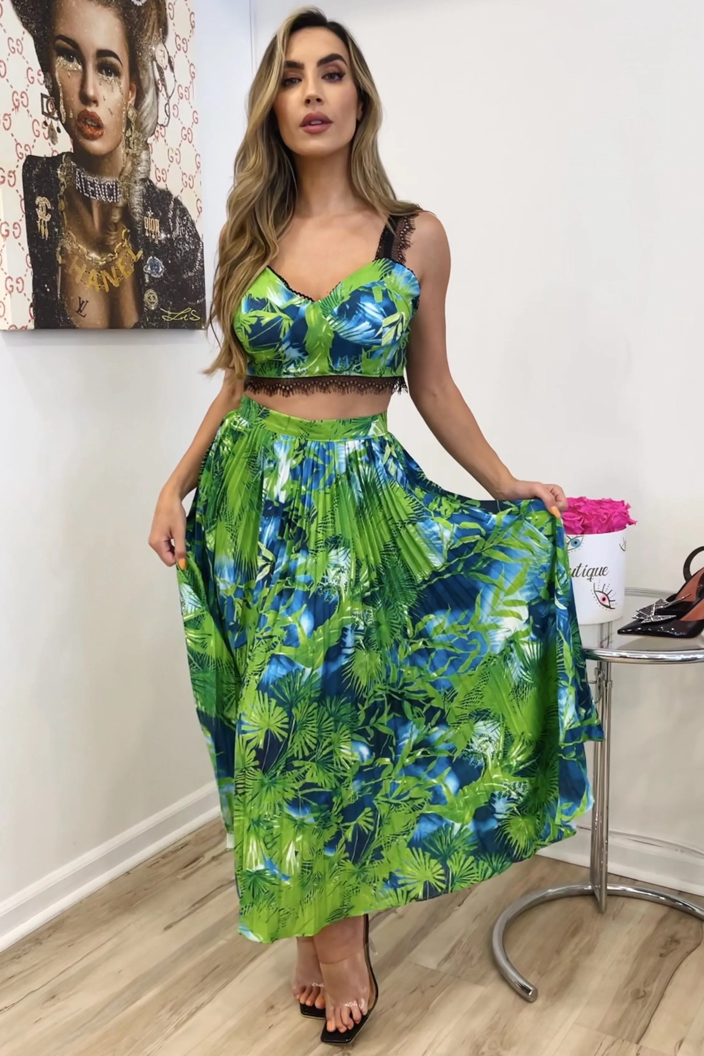 Jessica Bara Melina Crop Top and Pleated Maxi Skirt Two Piece Set