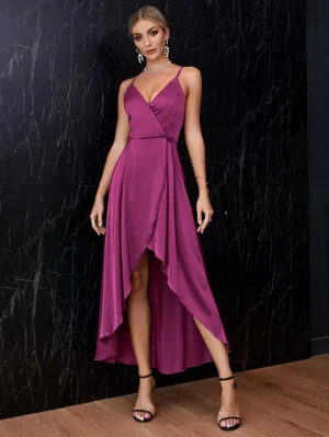 KittenAlarm - Surplice Front Crisscross Back Satin Tulip Hem Dress