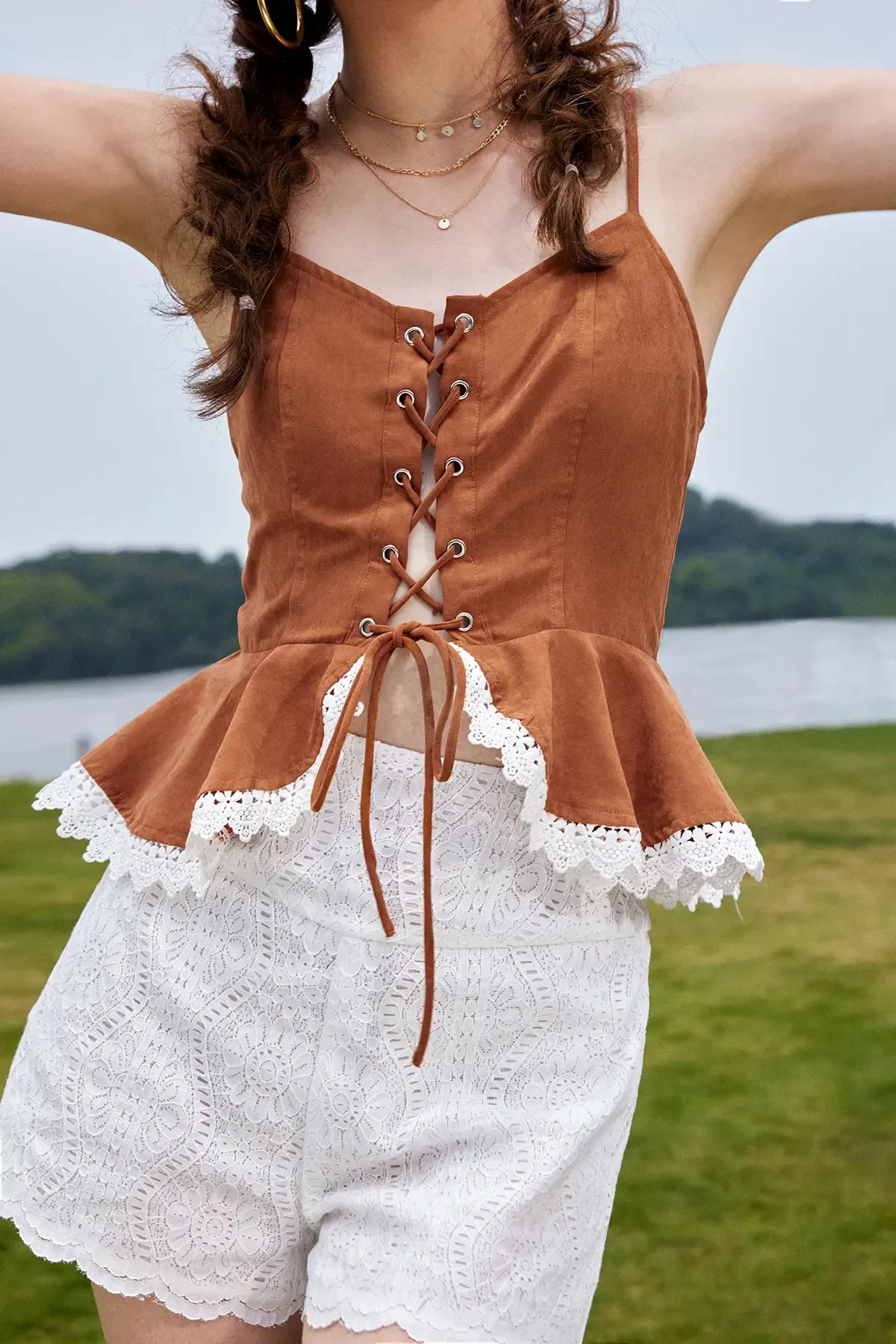 Lace Up Front Lace Trim Camis Top